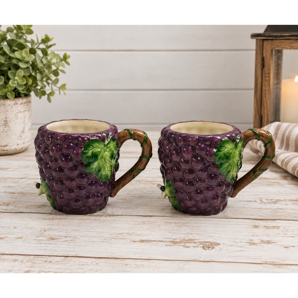 Vintage Martha Stewart Grape Vine Coffee Mugs Set of 2 Purple Embossed Macy’s
